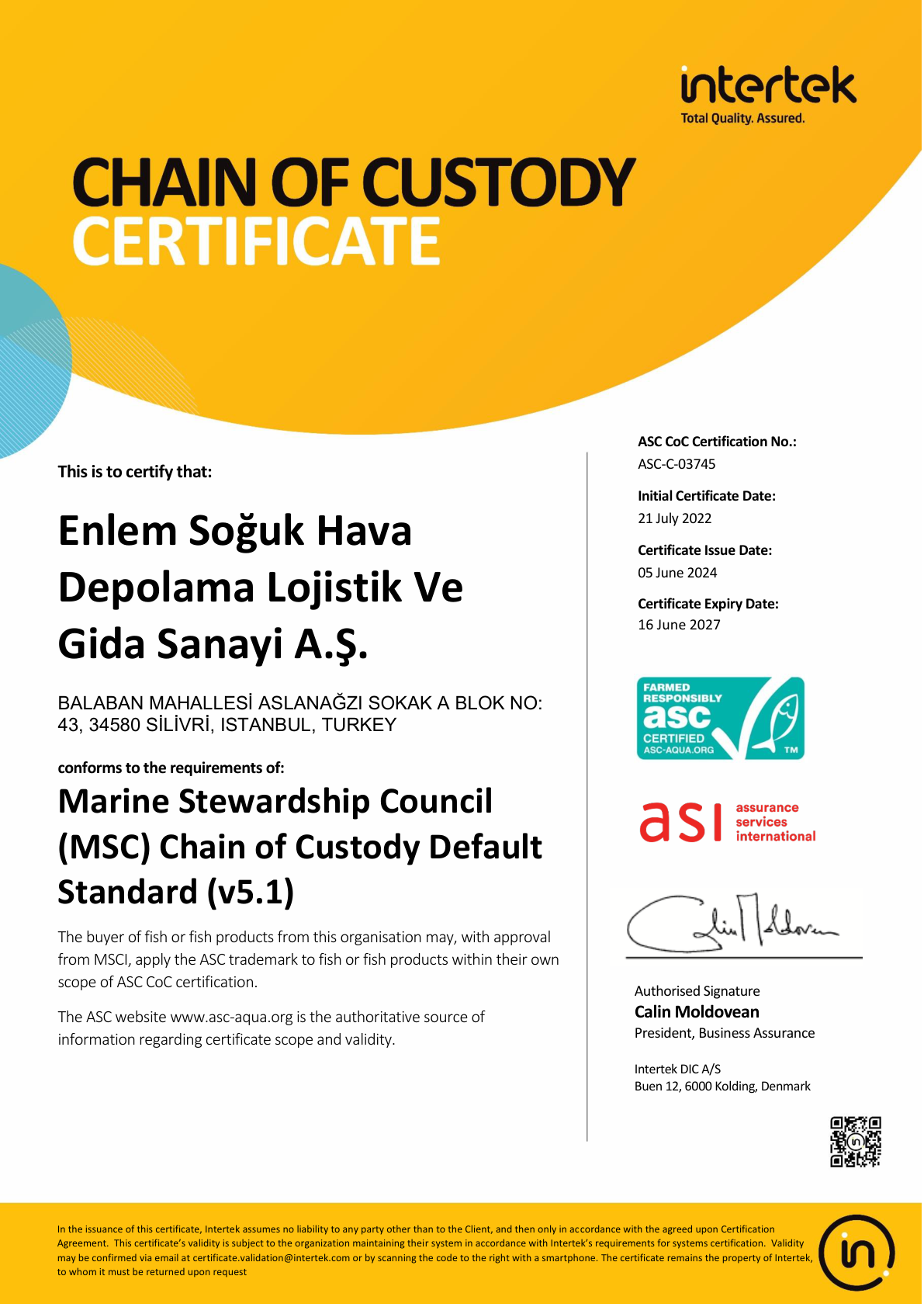 ASC Chain of Custody belgesinin ilk sayfası