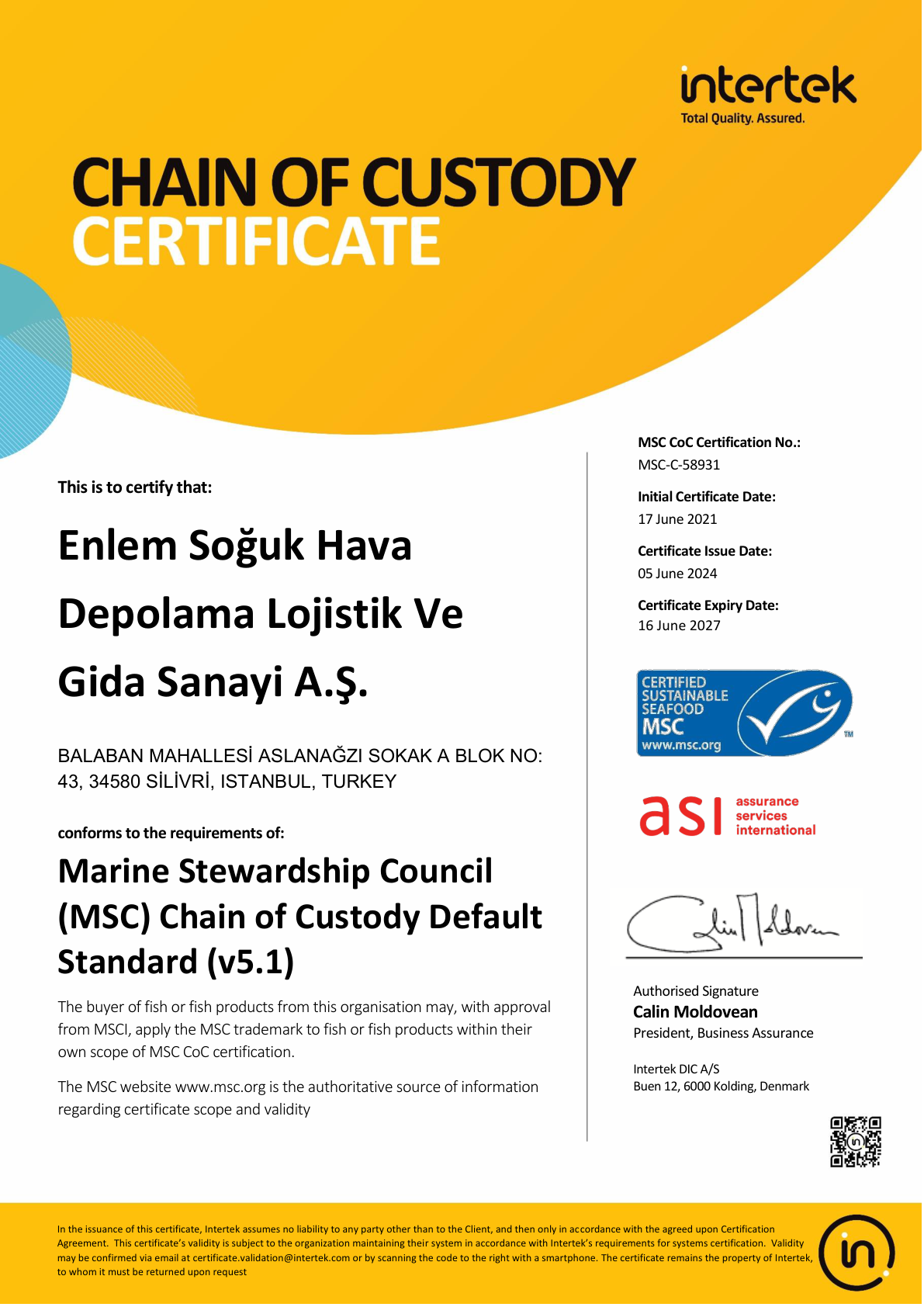 MSC Chain of Custody belgesinin ilk sayfası